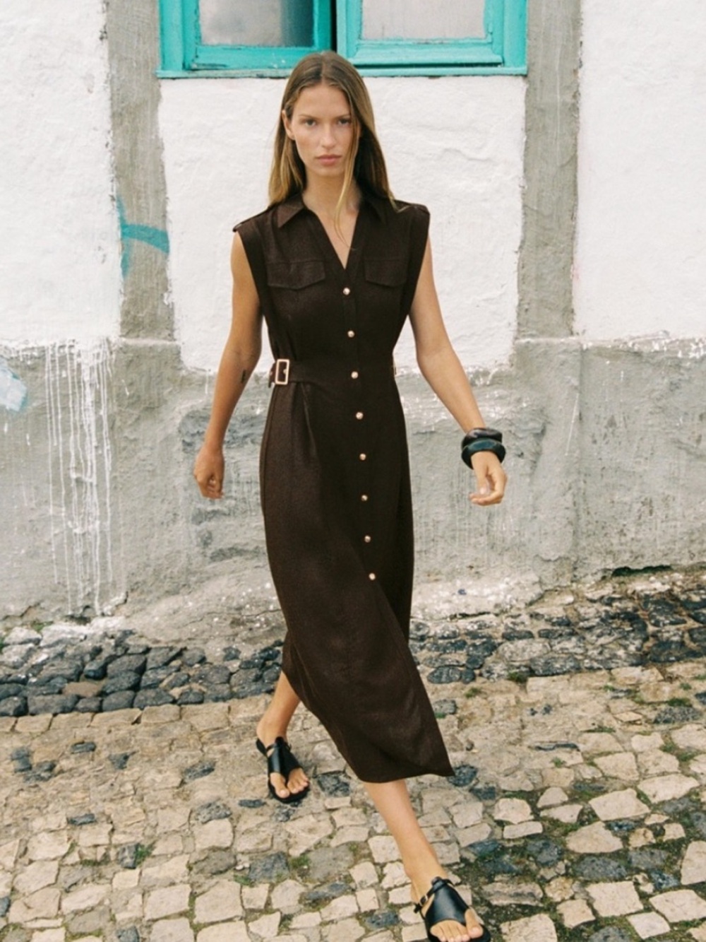Zara Dark Brown Sleeveless Button-Front Midi Dress